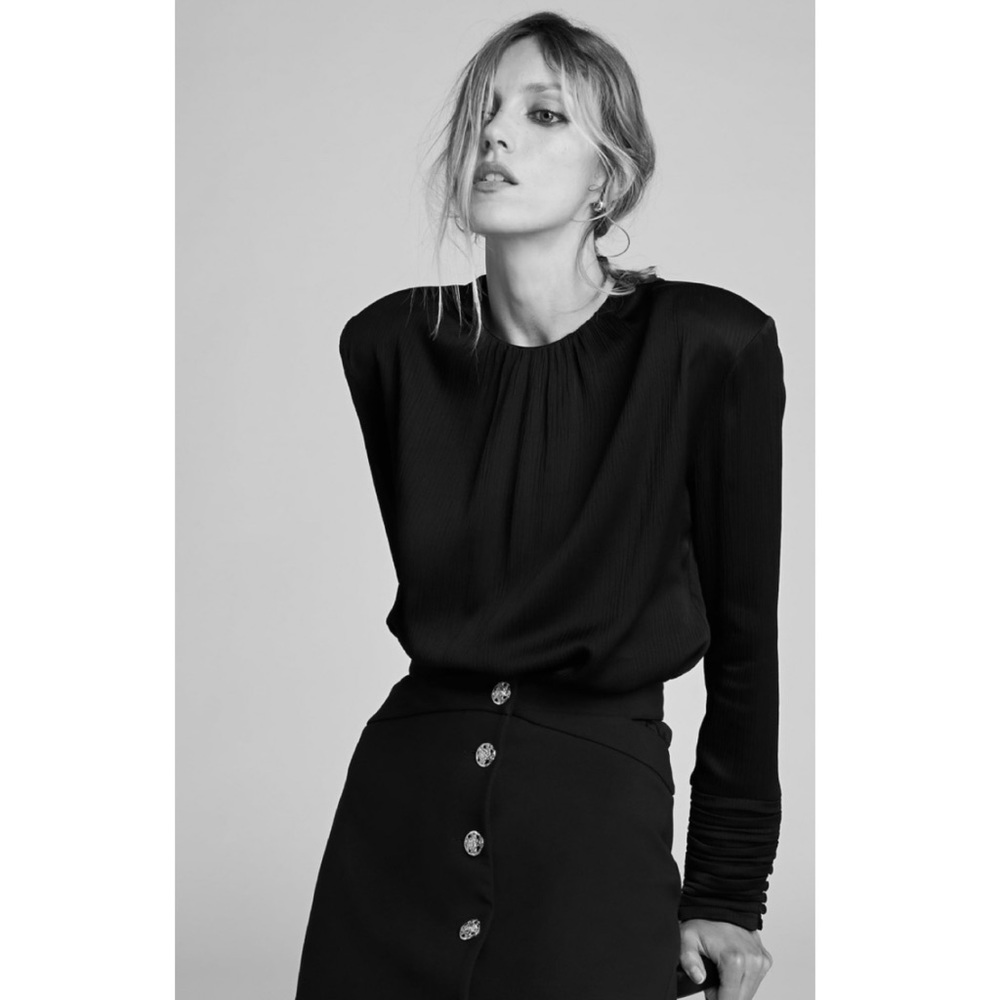 Zara Black Puff-Shoulder Long Sleeve Blouse